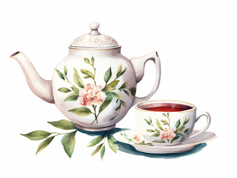 Vintage Floral Porcelain Ceramic Teacup and Teapot with Flowers. Vintage card. Watercolor Hot Tea Set, Afternoon Tea, Tea Cup with Tea Pot. Retro Drink. Generative AI.