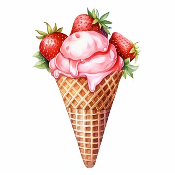 illustration of watercolor ice cream with strawberry in waffle, Generative ai