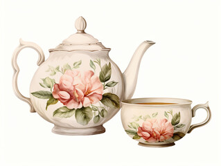 Vintage Floral Porcelain Ceramic Teacup and Teapot with Flowers. Vintage card. Watercolor Hot Tea Set, Afternoon Tea, Tea Cup with Tea Pot. Retro Drink. Generative AI.