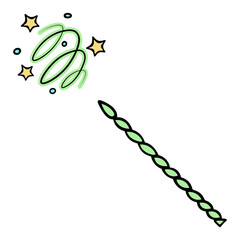 Witchcraft with a green magic wand. A twisted wand twisted in a spiral creates a vortex movement of magical green dust and golden stars. Miracle tool. Color vector illustration. Cartoon style. 