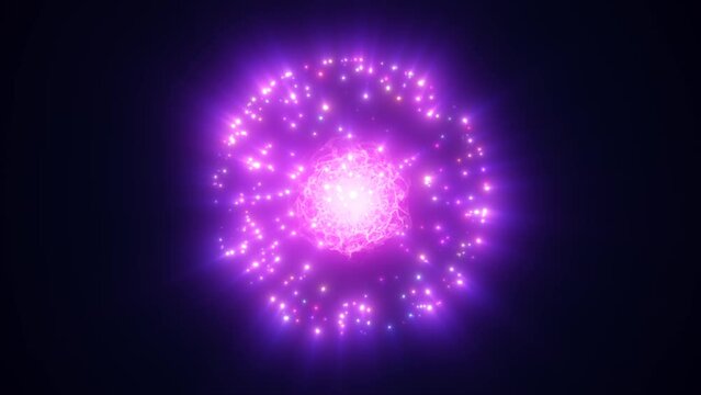 Abstract energy magic purple sphere ball atom round molecule made of glowing bright electric electrons small round particles flying dots on black background