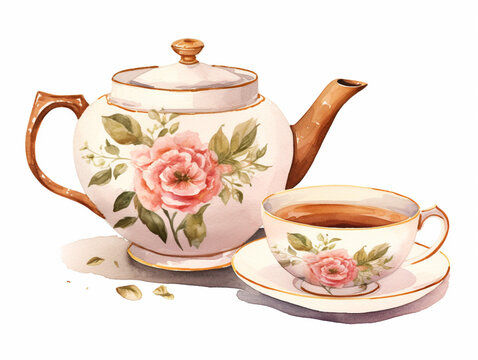 Vintage Floral Porcelain Ceramic Teacup and Teapot with Flowers. Vintage card. Watercolor Hot Tea Set, Afternoon Tea, Tea Cup with Tea Pot. Retro Drink. Generative AI.