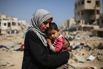 Obraz premium A mother holds a child in her arms and cries destroy building backside 