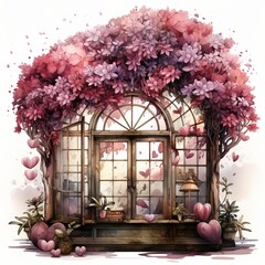 illustration of watercolor style beautiful valentine window clipart, Generative ai