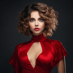 Atractive Woman in Red Mini Dress. Fashion Model in Cocktail Party Gown. Happy Beautiful Gil with Curly Hairstyle and Red Lip Makeup over dark Gray background - obrazy, fototapety, plakaty