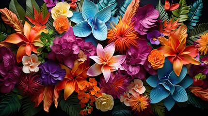 Enchanting top view of a tropical floral arrangement. - obrazy, fototapety, plakaty