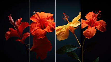 The beauty of juxtaposition. Tropical flowers of varying hues come together to create a mesmerizing contrast against a monochromatic background.