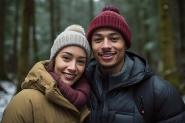 Fototapeta premium Young mixed race couple enjoying outdoors activity in winter forest