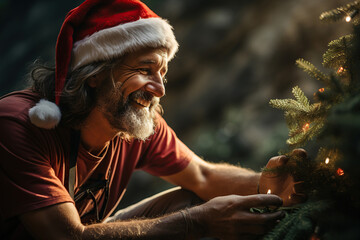 Middle aged caucasian man with a Santa hat smiling decorating a Christmas tree