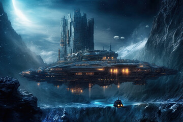 Massive detailed intergalactic futuristic spaceship, Sci Fi illustration