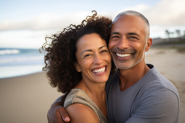 Obraz premium Mixed race middle age cheerful couple enjoying dating time on ocean beach