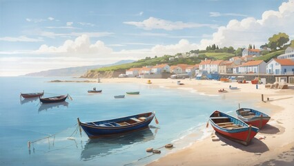 tranquil seaside view with traditional fishing boats on the shore