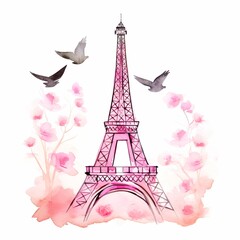 Fototapeta na wymiar illustration of watercolor stylized cartoon eiffel tower in pink, Generative ai