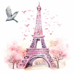 illustration of watercolor stylized cartoon eiffel tower in pink, Generative ai
