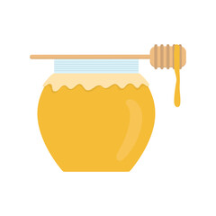 Flat icon honey jar with wooden spoon isolated on white background. Vector illustration.