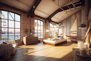 Loft style apartments with large windows in nautical interior design style