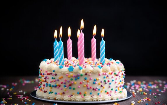 Celebratory pie with burning candles on a black background. Close up of birthday cake with colorful decoration.