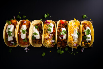 Mexican street food. top view of traditional Mexican corn tacos composition on black background