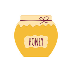Flat icon honey jar with sticker isolated on white background. Vector illustration.