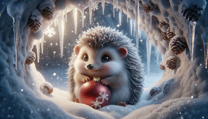A magical Christmas hedgehog is nestled in a snowy burrow, holding a tiny Christmas bauble. Glistening icicles hang nearby, and a gentle snowfall envelops the scene. - obrazy, fototapety, plakaty