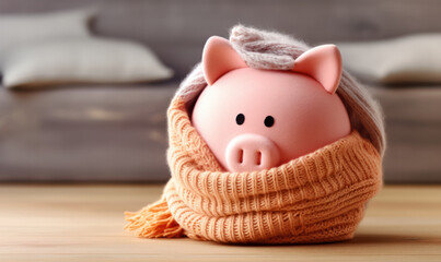A pink piggy bank money box wrapped up warm with a scarf. Winter heating bills concept - obrazy, fototapety, plakaty