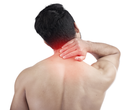 Man, hands or neck pain with body glow isolated on transparent, png background for exercise or workout stress. Red injury, muscle and massage with person back in fitness risk or sports healthcare - Powered by Adobe