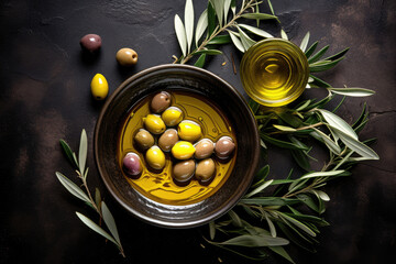 Olive oil in a bowl with leaves branches and olives
