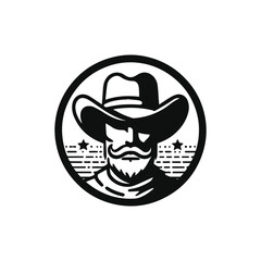 Man wearing cowboy hat vintage logo line art concept black and white color hand drawn illustration, western vintage retro logo