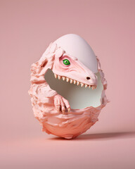 Baby dinosaur coming out of egg shell, creative pastel pink composition, prehistoric animals.