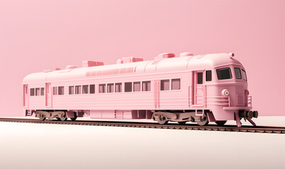 Fototapeta premium The train comes along the track, pastel pink composition, romantic travel concept, retro style.