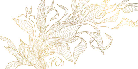 Vector art deco luxury floral line pattern, golden leaves background. Hand drawn wavy nature illustration for packaging, cover, banner, creative post and wall arts. Japanese style. - obrazy, fototapety, plakaty