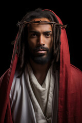 Black Jesus Christ. African american diversity. Red and white robe. Prophet. The Lord. Savior. Handsome savior. Portrait with a black background. Crown of thorns. 