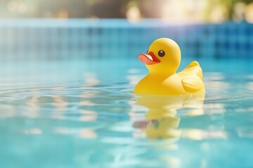 Yellow rubber duck swimming in a pool. Summer holiday illustration. Ai generative.