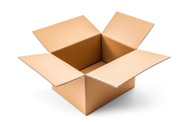 An open cardboard box on a white background. Emphasizing the empty space inside.
