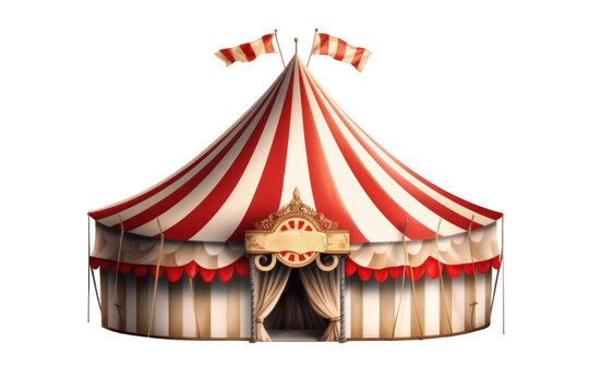 Vintage circus tent with striped canopy and flags. Inviting entrance to a world of wonders.