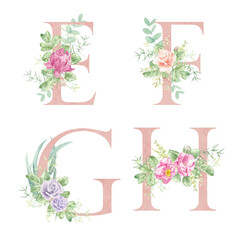 Floral alphabet - letters E, F, G, H. The letters of the alphabet are pink and decorated with watercolor roses. Wedding, birthday, children's party, any creative ideas.