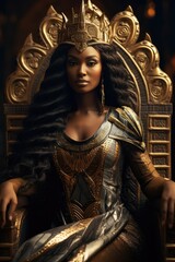 Pretty black Persian African royalty queen. Gold crown and throne. Palace interior.  - obrazy, fototapety, plakaty