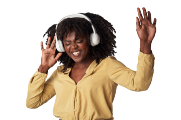 Woman, headphones and dance to happy music, streaming service and gospel or religion podcast. African person with praise and worship listening to radio or audio isolated on transparent png background
