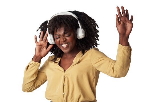 Woman, headphones and dance to happy music, streaming service and gospel or religion podcast. African person with praise and worship listening to radio or audio isolated on transparent png background