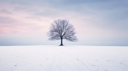 Fototapeta na wymiar Winter Solitude: Lone Tree in Snowy Field
