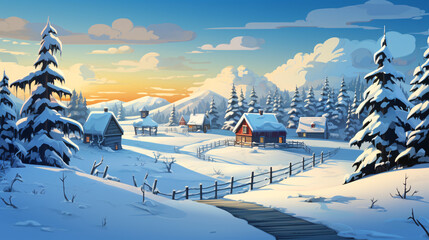 Illustration of a cute winter village.