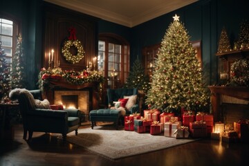 Living room with Christmas tree and holiday decorations - obrazy, fototapety, plakaty