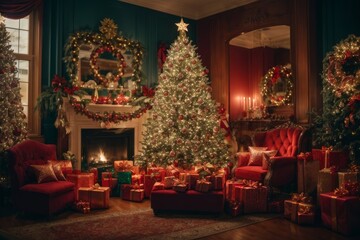 Living room with Christmas tree and holiday decorations - obrazy, fototapety, plakaty