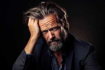 Adult man with migraine headache holding his head on dark background. Generative AI