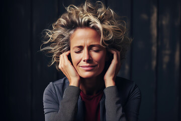 Adult woman with migraine headache holding his head on dark background. Generative AI