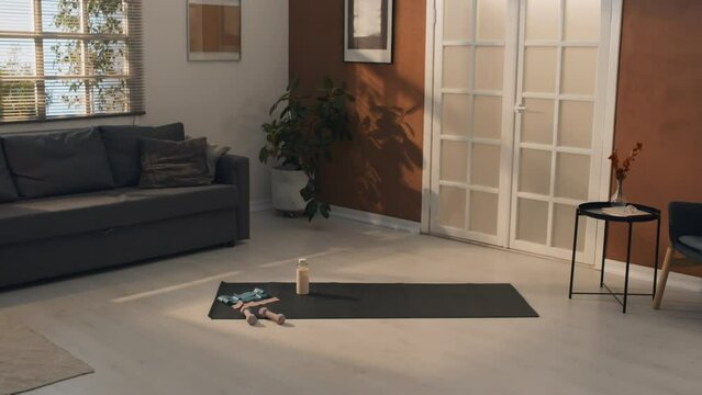 Zoom in shot of interior of well-lit living room with black mat and dumbbells on floor