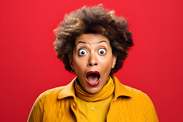 surprised young adult African American woman, head and shoulders portrait on crimson background. Neural network generated image. Not based on any actual person or scene.