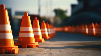 Orange warning cones on the road. Road works, repairs, danger concept.  - obrazy, fototapety, plakaty