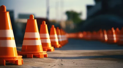 Foto auf Alu-Dibond Orange warning cones on the road. Road works, repairs, danger concept.  © dinastya