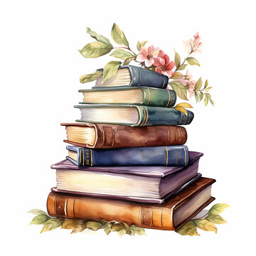A pile of old vintage books with flowers isolated on a white background, watercolor clipart illustration
